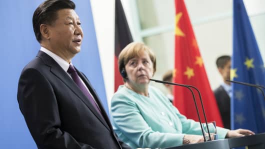 German Chancellor Angela Merkel and China's President Xi Jinping are pictured during a press statement at the Chancellery in Berlin, Germany on July 5, 2017.