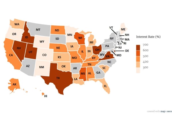 Payday loan APRs vary by state. Texas and Ohio have some of the highest rates in the country. 