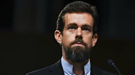 Jack Dorsey, co-founder and chief executive officer of Twitter Inc., listens during a Senate Intelligence Committee hearing in Washington, D.C., U.S., on Wednesday, Sept. 5, 2018. 