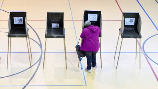 A woman votes in Durham, N.C.