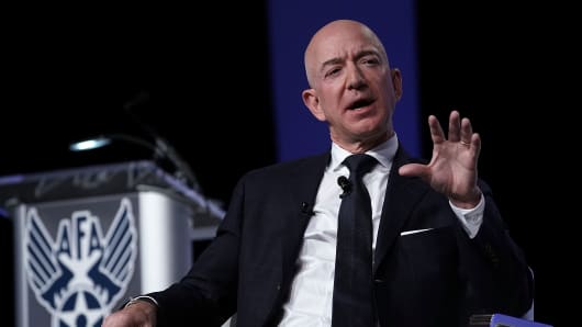 The CEO of Amazon, Jeff Bezos, founder of the Blue Origin space company and owner of The Washington Post, attends an event organized by the Air Force Association on September 19, 2018 at National Harbor, in Maryland. 