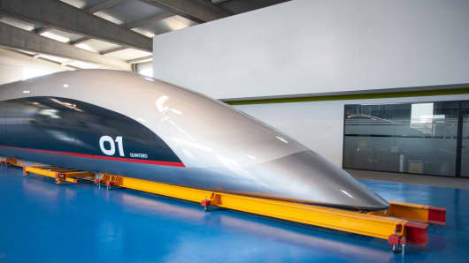 Hyperloop Transportation Technologies unveils full-scale passenger capsule in Cadiz, Spain.