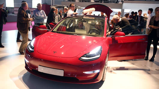 A Tesla Model 3 at the Paris International Motor, October 2, 2018.