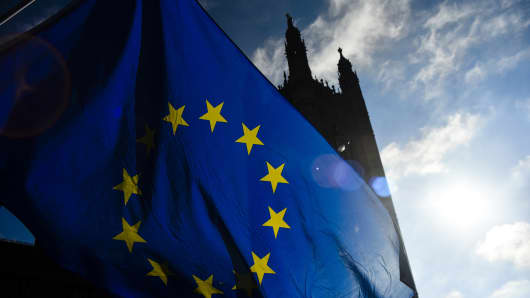 An EU flag outside Parliament. 