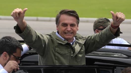 Jair Bolsonaro, far-right lawmaker and presidential candidate for the Social Liberal Party (PSL), gives thumbs up to supporters during the second round of the presidential elections, in Rio de Janeiro, Brazil on October 28, 2018.