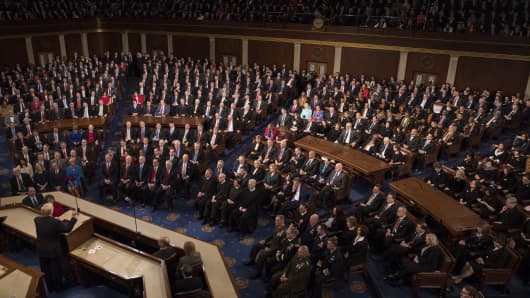 President Donald Trump, bottom left, delivers a State of the Union address to a joint session of Congress at the U.S. Capitol in Washington, D.C., U.S., on Tuesday, Jan. 30, 2018.