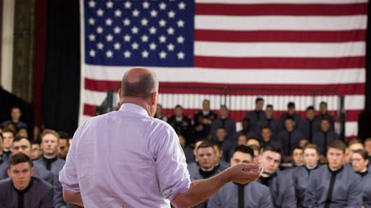 Jim Cramer speaks to an audience of West Point University cadets for Mad Money's 2017 Veterans Day show.