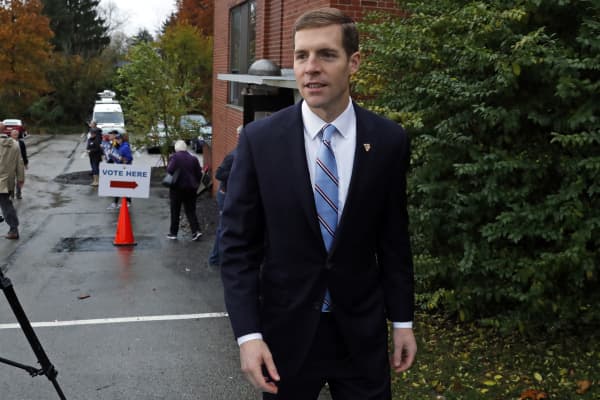 Rep. Conor Lamb, D-Pa, who is running against Rep Keith Rothfus, R-Pa in Pennsylvania's 17th Congressional District, exits his polling place after voting Tuesday, Nov. 6, 2018 in Mt. Lebanon, Pa. 