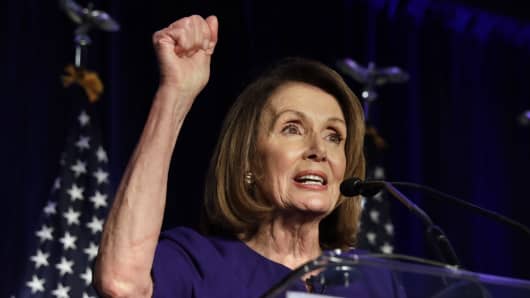 House Minority Leader Nancy Pelosi, a Democrat from California, speaks at a House Democratic election night event in Washington, D.C., U.S., on Tuesday, Nov. 6, 2018. 