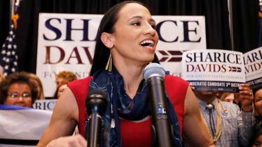 Democrat House candidate Sharice Davids speaks to supporters at a victory party in Olathe, Kan., Tuesday, Nov. 6, 2018.