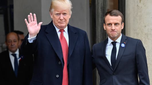 French President Emmanuel Macron welcomes U.S. President Donald Trump for bilateral talks at the Elysee Palace in Paris on Nov. 10, 2018.