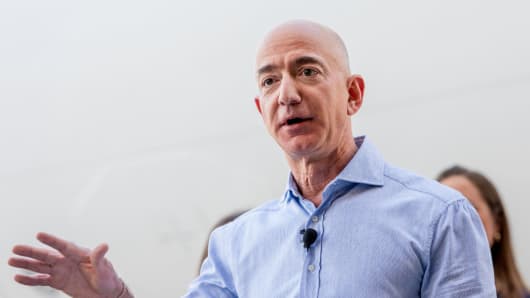 Jeff Bezos, founder and CEO of Amazon, addresses a group of Amazon employees who are veterans at a celebration of Amazon Veterans Day, Monday, November 12, 2018.
