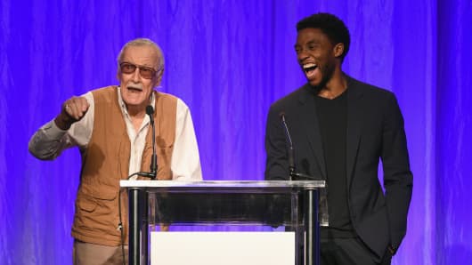 Stan Lee and Chadwick Boseman, star of Marvel Studios Black Panther, speak at the Grants Bank Hollywood Foreign Press Association at Beverly Wilshire Four Seasons Hotel on August 2, 2017 in Beverly Hills, California. 