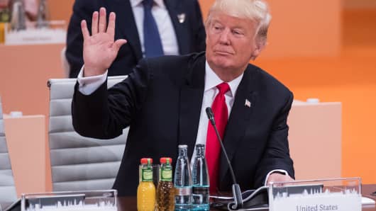 President Donald Trump during a session of the G-20 summit in Hamburg, Germany, 8 July 2017.