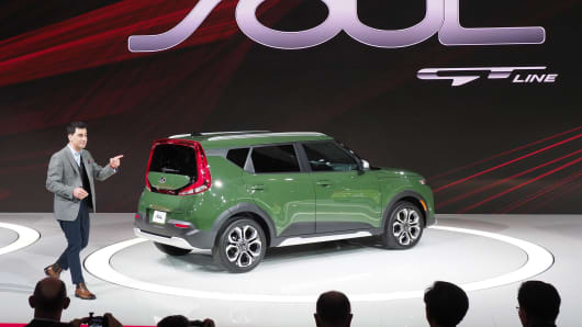 Kia's Saad Chehab introduces the new 2020 Kia Soul X at  AutoMobility LA, the trade show ahead of the LA Auto Show, November 28, 2018, at the Los Angeles Convention Center.
