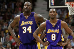 Shaquille O'Neal #34 and Kobe Bryant #8 of the Los Angeles LakersÂ during the 2004 NBA Playoffs