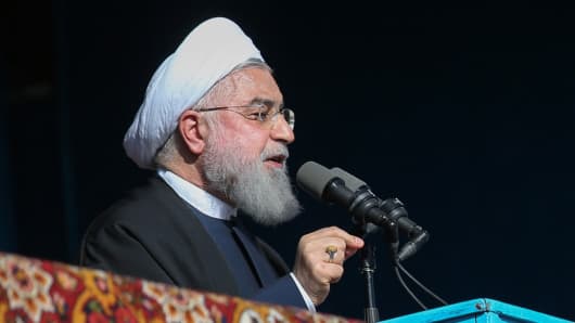 President of Iran Hassan Rouhani addresses the crowd during his visit in Semnan, Iran on December 4, 2018.
