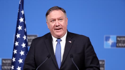 U.S. Secretary of State Mike Pompeo holds a press conference as he attends the NATO Foreign Ministers' meeting in Brussels, Belgium on December 04, 2018.