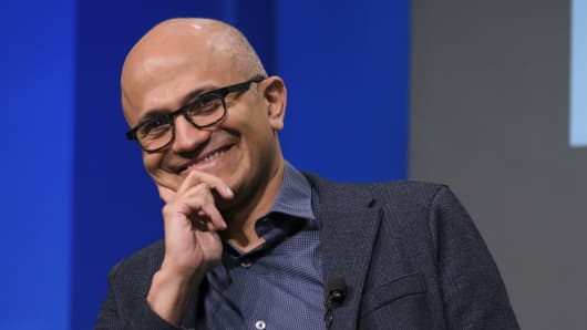   Microsoft CEO Satya Nadella smiles during the question and answers the portion at Microsoft's General Assembly in Bellevue, Wash., November 28, 2018. 