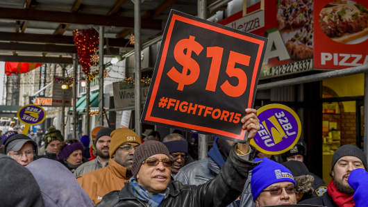 Protesters for a higher minimum wage in New York City. 