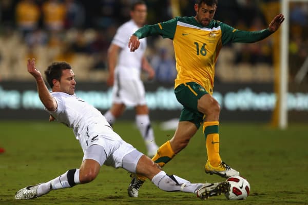 Allbirds co-founder Tim Brown (L), pictured during his days as vice-captain of New Zealand's national soccer team, in 2011.