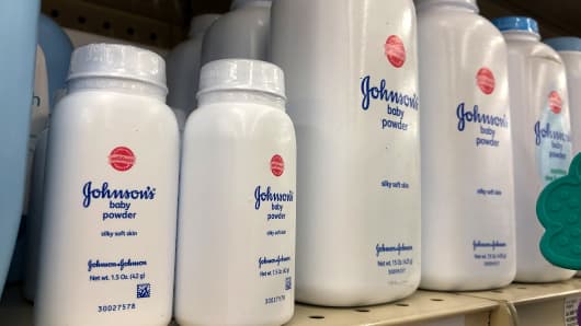   Containers of Johnson's Baby Powder made by Johnson and Johnson appear on a shelf on July 13, 2018 in San Francisco, California. 