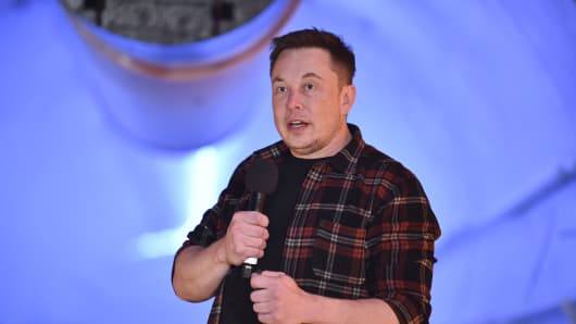 Elon Musk, co-founder and CEO of Tesla Inc., speaks at an unveiling event of the Hawthorne Boring Co. Test Tunnel in Hawthorne, California, on Tuesday, December 18, 2018.