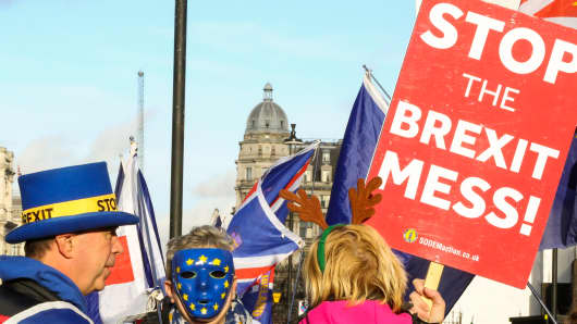 Anti-Brexit demonstrators are seen protesting outside the Houses of Parliament.