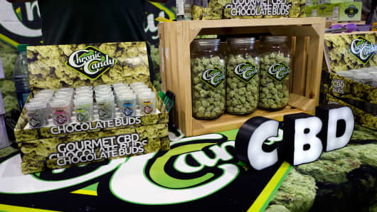 CBD buds of chocolate by Chronic Candy are displayed at the Big Industry Show at the Los Angeles Convention Center, Aug. 31, 2018