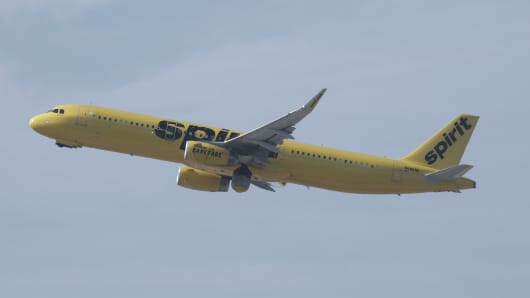 A Spirit Airlines airplane takes off from Newark Liberty Airport on September 30, 2018 as seen from Elizabeth, New Jersey.