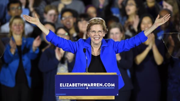 US Senator Elizabeth Warren (D-MA) speaks during the Massachusetts Democratic Coordinated Campaign election night party at the Fairmont Copley Plaza hotel in Boston, Massachusetts on November 6, 2018.