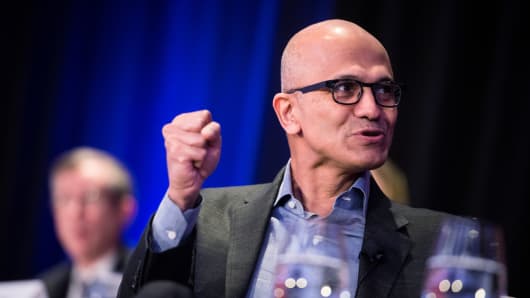 Microsoft CEO Satya Nadella speaks at an Economic Club of New York event in New York on Feb. 7, 2018.