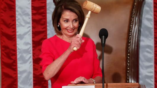 House Speaker-delegate Nancy Pelosi (D-CA) raises the gavel after being elected as House Speaker as the U.S. House of Representatives meets for the start of the 116th Congress inside the House Chamber on Capitol Hill in Washington, U.S., January 3, 2019.