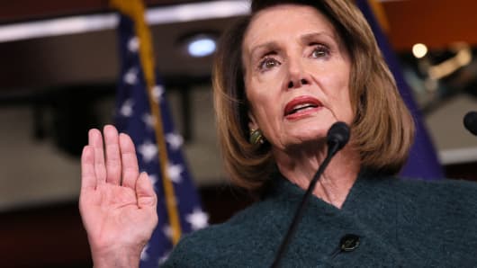 House Speaker Nancy Pelosi (D-CA) talks about upholding her oath of office in negotiations with President Trump over the federal budget, border security and the partial federal government shutdown during a news conference at the U.S. Capitol in Washington, January 10, 2019.