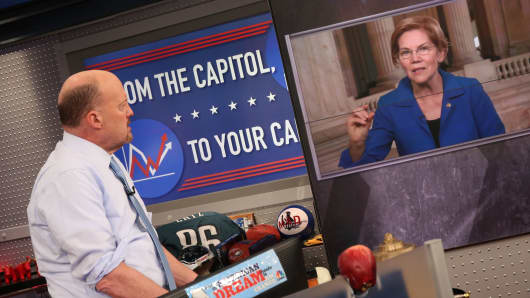 Sen. Elizabeth Warren speaks with Jim Cramer on Mad Money via satellite on Jan. 31,2019.