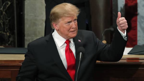 President Donald Trump gestures during his State of the Union address to a joint session of Congress on Capitol Hill in Washington, U.S., February 5, 2019.