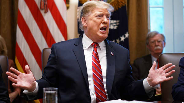 President Donald Trump speaks during a cabinet meeting in the Cabinet Room of the White House in Washington, DC on February 12, 2019.