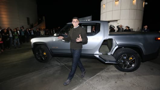 Rivian CEO RJ Scaringe attends and speaks at Rivian unveiling of R1T All-Electric Truck.