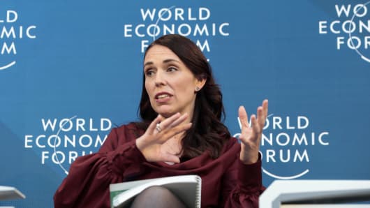 Jacinda Ardern, New Zealand's prime minster, gestures as she speaks during a panel session on day two of the World Economic Forum (WEF) in Davos, Switzerland, on Wednesday, Jan. 23, 2019.
