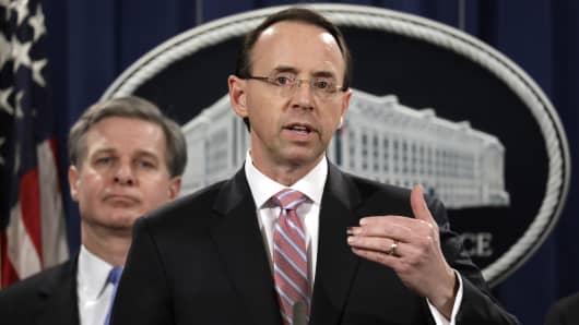 Rod Rosenstein, deputy attorney general, speaking at a news conference at the Department of Justice in Washington, D.C., U.S. on Dec. 20, 2018.