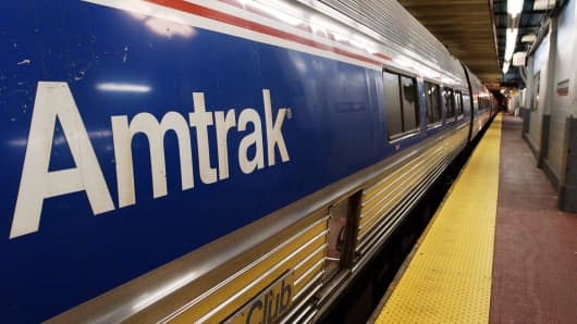 An Amtrak train sits idleat Penn Station in New York.
