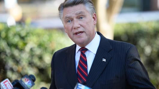 Republican NC-9th District Congressional candidate Mark Harris answers questions at a news conference at the Matthews Town Hall on Wednesday, Nov. 7, 2018, in Matthews, N.C.