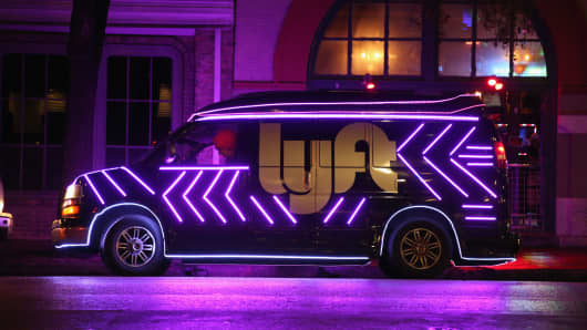Lyft van is seen during the SXSW Music, Film + Interactive Festival at Austin Convention Center in Austin, Texas.