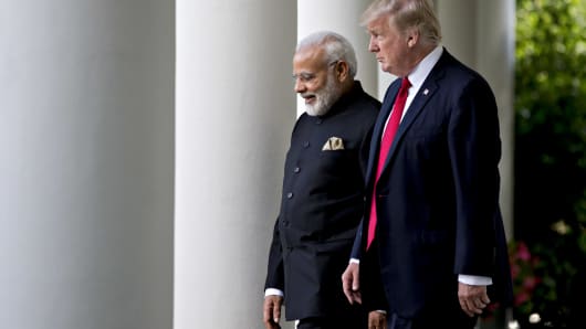 U.S. President Donald Trump, right, and Narendra Modi, India's prime minister, walk out of the Oval Office of the White House to make a joint statement in Washington, D.C., U.S., on Monday, June 26, 2017.