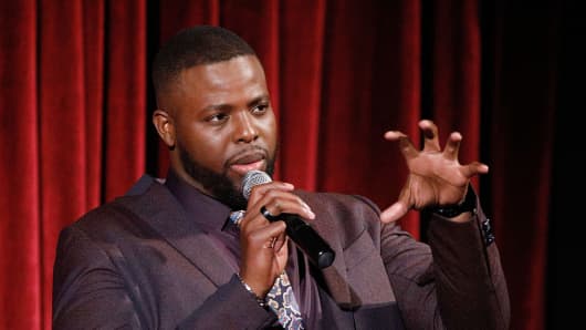 Actor Winston Duke on stage during The Academy of Motion Picture Arts and Sciences official screening of Us at the MoMA Celeste Bartos Theater on March 18, 2019 in New York City.