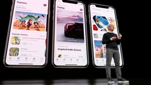 Tim Cook, President and CEO of Apple Inc., speaks at an event at the Steve Jobs Theater in Cupertino, California on Monday, March 25, 2019.