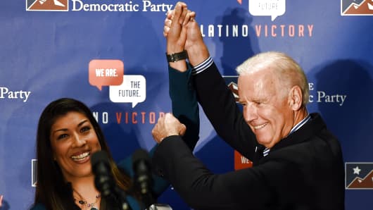 Former Nevada Assemblywoman Lucy Flores introduced former Vice President Joe Biden at a get-out-the-vote rally at a union hall on November 1, 2014 in Las Vegas, Nevada.