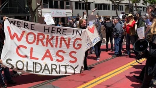 Drivers protest in front of Uber headquarters in San Francisco, May 08, 2019.