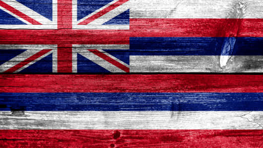 Hawaii Flag painted on old wood plank texture