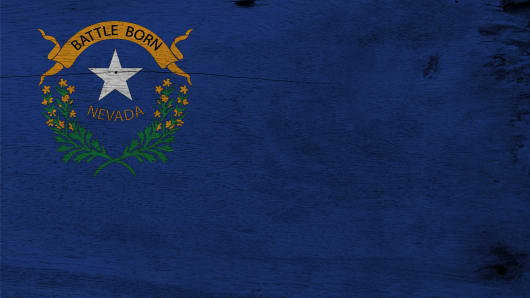 Flag of Nevada on wooden plate background. Grunge Nevada flag texture, The states of America.